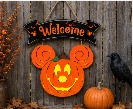 Wooden Halloween welcome door sign displayed as festive fall home décor, perfect for seasonal decorating or gift giving.