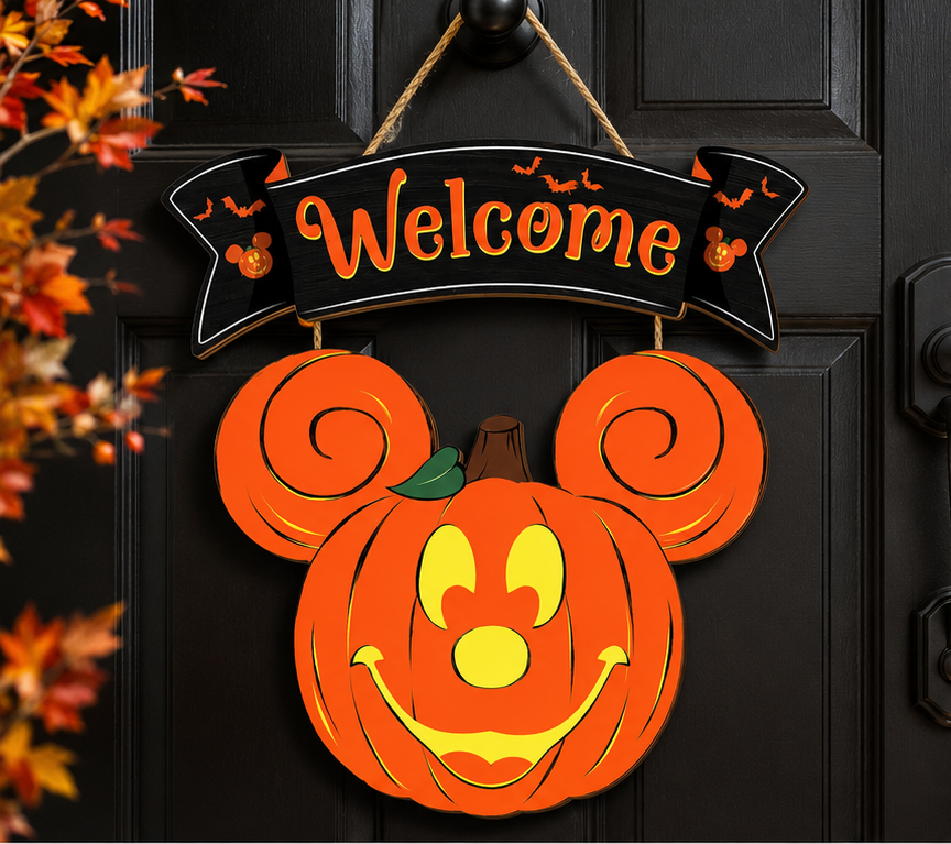Detailed view of the Halloween welcome banner and pumpkin character on a handcrafted wooden door hanger.