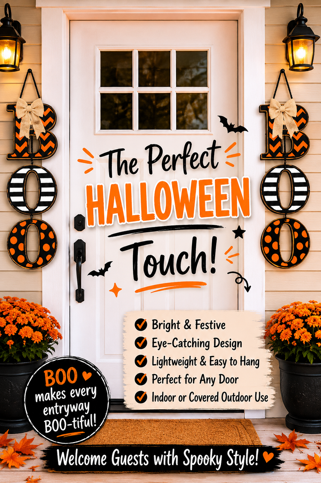 Farmhouse Halloween BOO sign hanging on a porch door, perfect for welcoming trick-or-treaters and fall visitors.