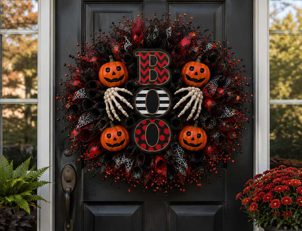 Elegant Halloween entryway featuring a handmade BOO wreath with skeleton hands, pumpkins, and premium black and red mesh.