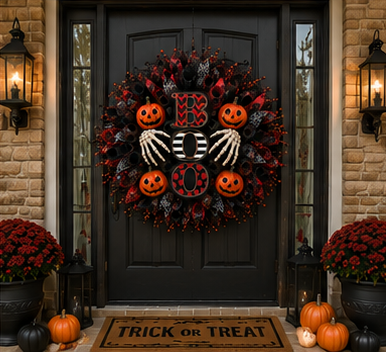 Elegant Halloween entryway featuring a handmade BOO wreath with skeleton hands, pumpkins, and premium black and red mesh.