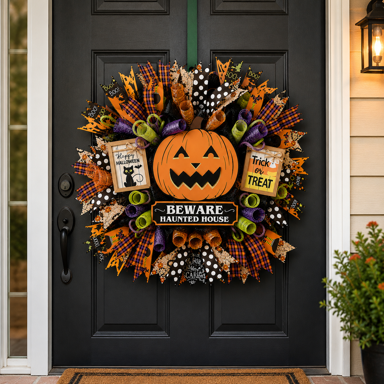 Decorative Halloween wreath with smiling pumpkin, Beware Haunted House sign, and Trick or Treat accents for fall decorating.
