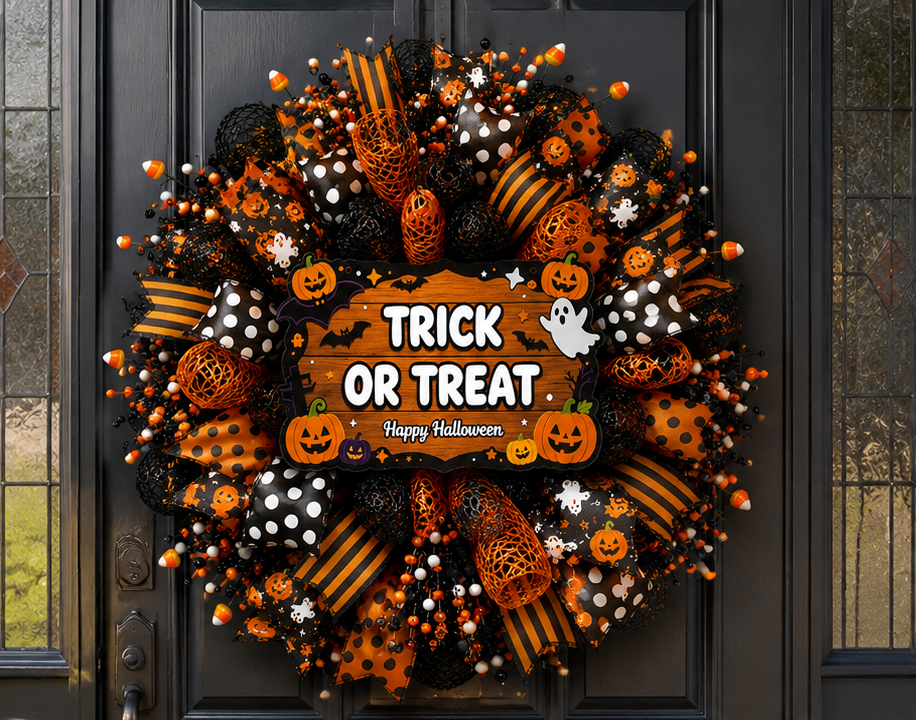 Designer Halloween wreath displayed on a black front door showing realistic size and seasonal curb appeal.