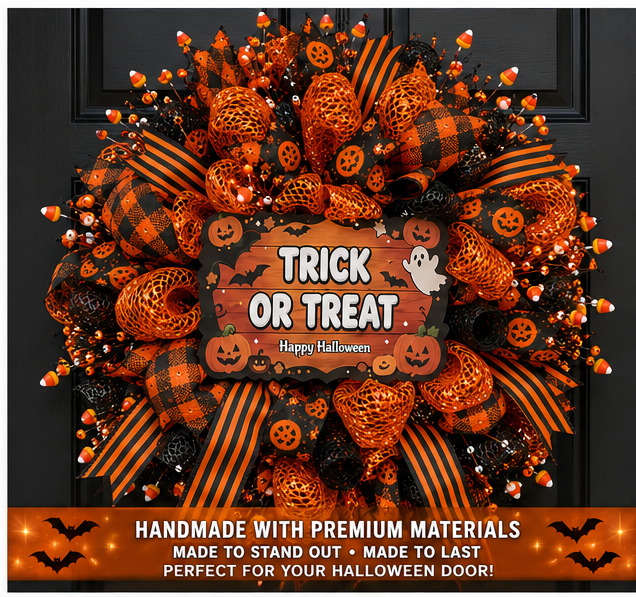 Orange and black Halloween wreath displayed on a modern front door showing realistic size and seasonal curb appeal.