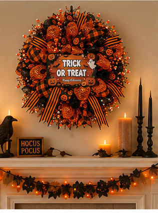 Handmade Trick or Treat wreath displayed above a decorated Halloween mantel.