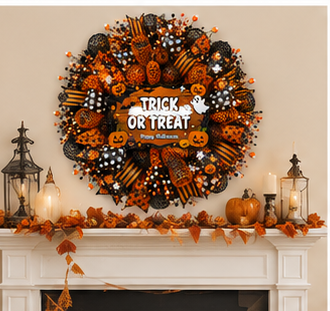 Handmade Trick or Treat Halloween wreath displayed above a decorated mantel with seasonal accents.