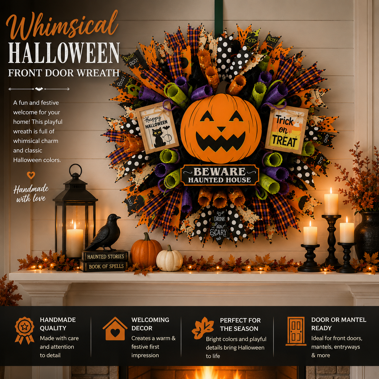 Handmade Halloween pumpkin wreath displayed above a mantel with festive fall decorations.