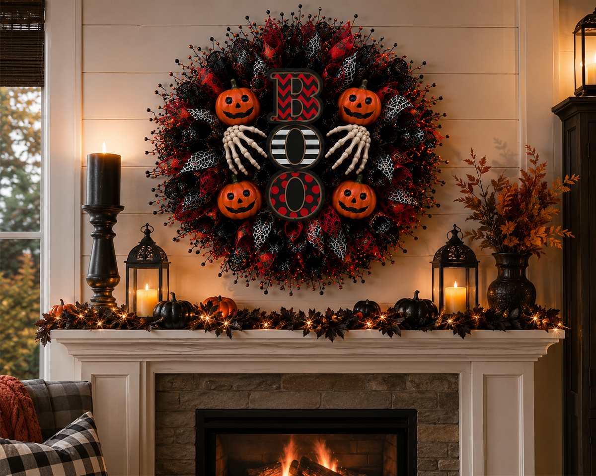 Halloween BOO wreath displayed above a fireplace mantel with seasonal pumpkins and lanterns.