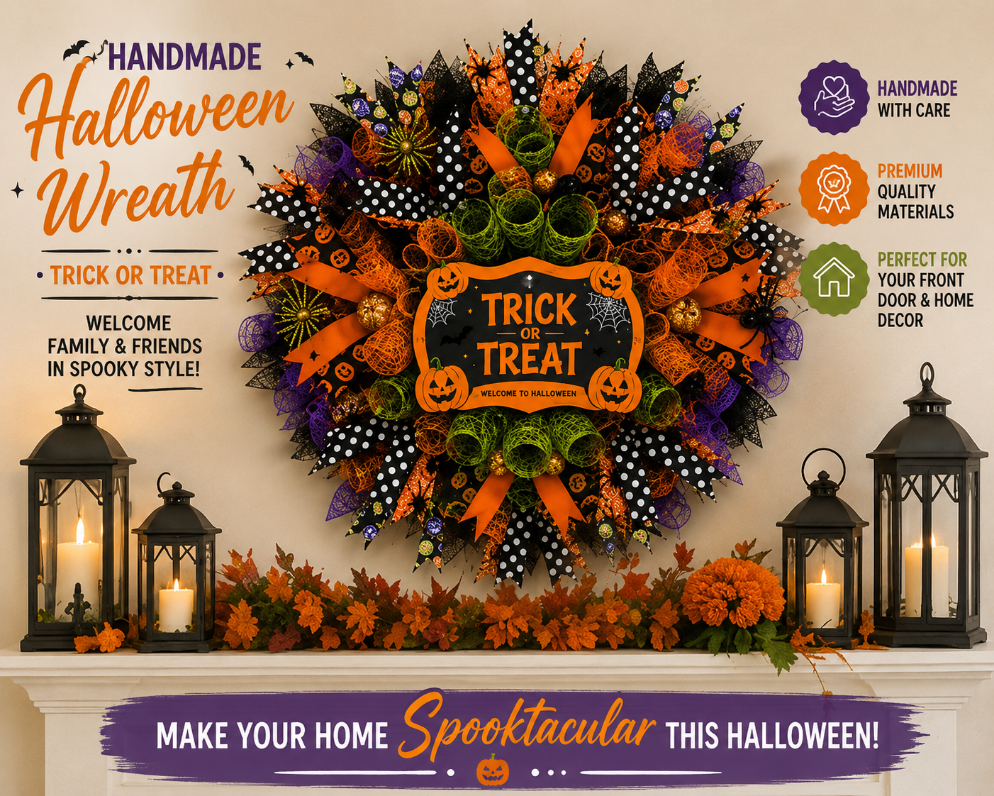 Handmade Halloween wreath displayed above a decorated mantel with lanterns, fall leaves, and pumpkins for seasonal home décor inspiration.