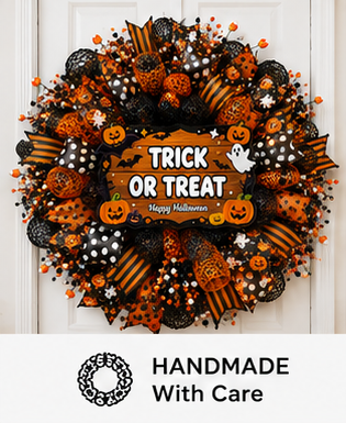 Designer Halloween wreath decorating a covered front porch with pumpkins and fall accents.