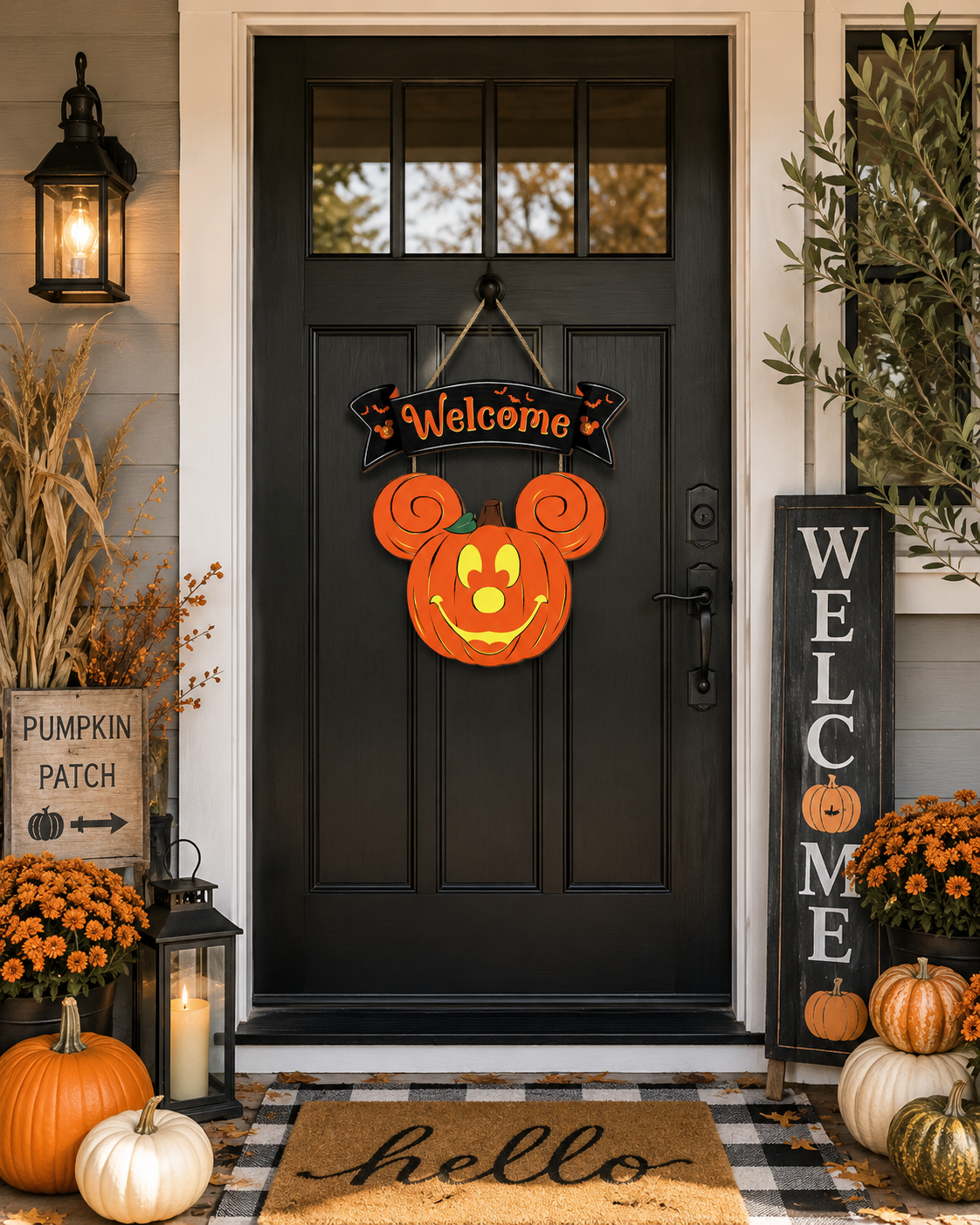 Decorative wooden Halloween welcome sign displayed on a cozy fall porch with pumpkins and lanterns.