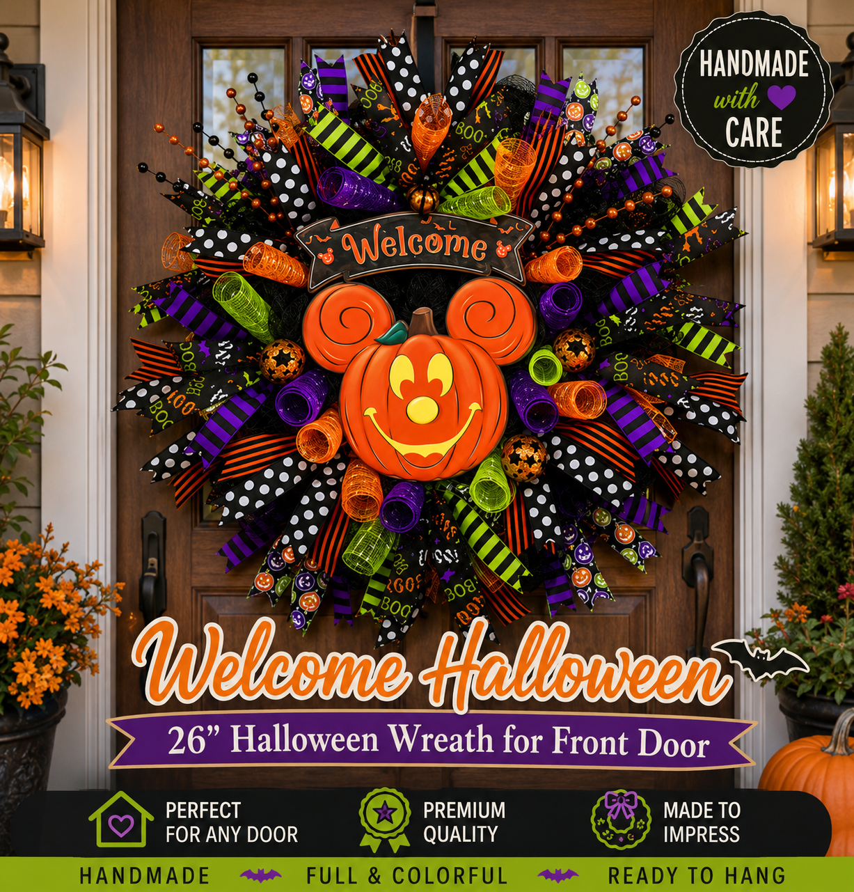 Handmade 26-inch Halloween deco mesh wreath featuring a pumpkin mouse-inspired centerpiece, Welcome sign, premium ribbons, and colorful mesh displayed on a front door.