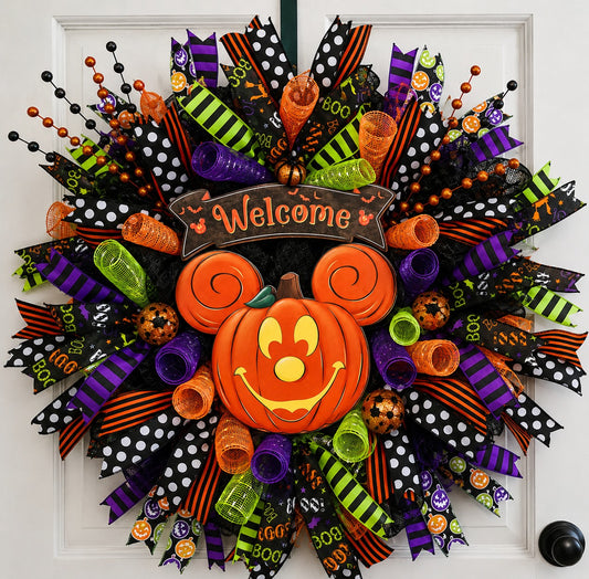 Handmade 26-inch Halloween deco mesh wreath featuring a pumpkin mouse-inspired centerpiece, Welcome sign, premium orange, black, purple, and lime green ribbons, perfect for front door Halloween decor.
