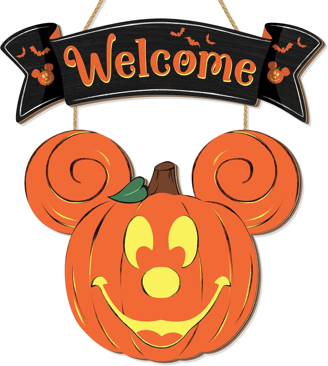 Handmade wooden Halloween pumpkin welcome door hanger displayed on a front door with vibrant orange and black colors.