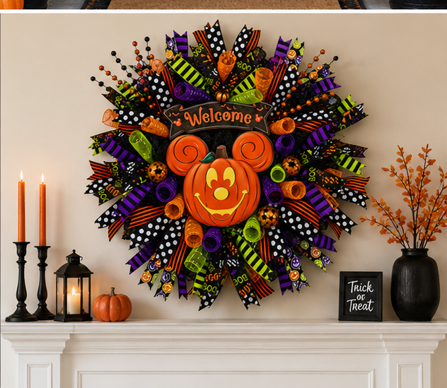 Handmade Halloween pumpkin mouse-inspired wreath perfect for front door, porch, entryway, or seasonal home décor during the fall season.