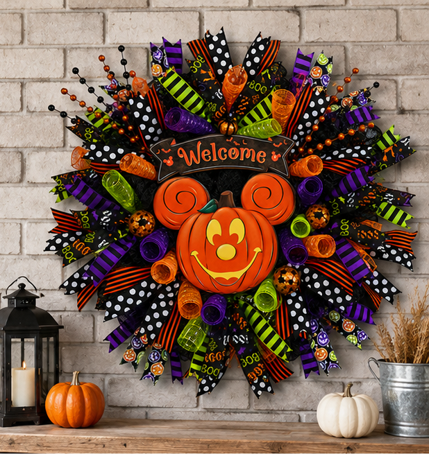 Handmade Halloween wreath showcasing premium wired ribbons, decorative mesh curls, and vibrant seasonal colors for front door decorating.