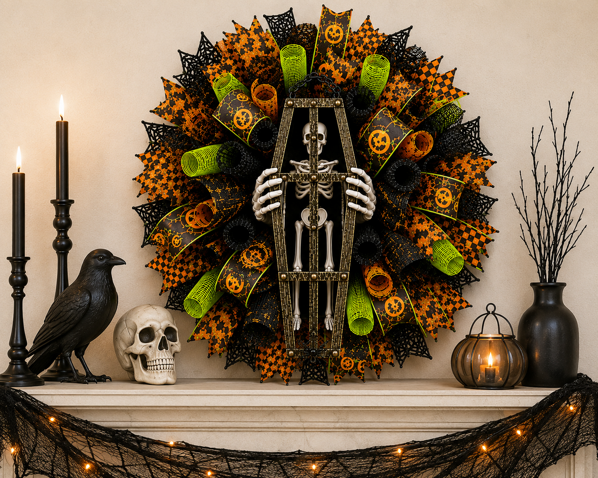 Skeleton coffin Halloween wreath displayed above a decorated mantel with pumpkins, lanterns, and seasonal Halloween decor.