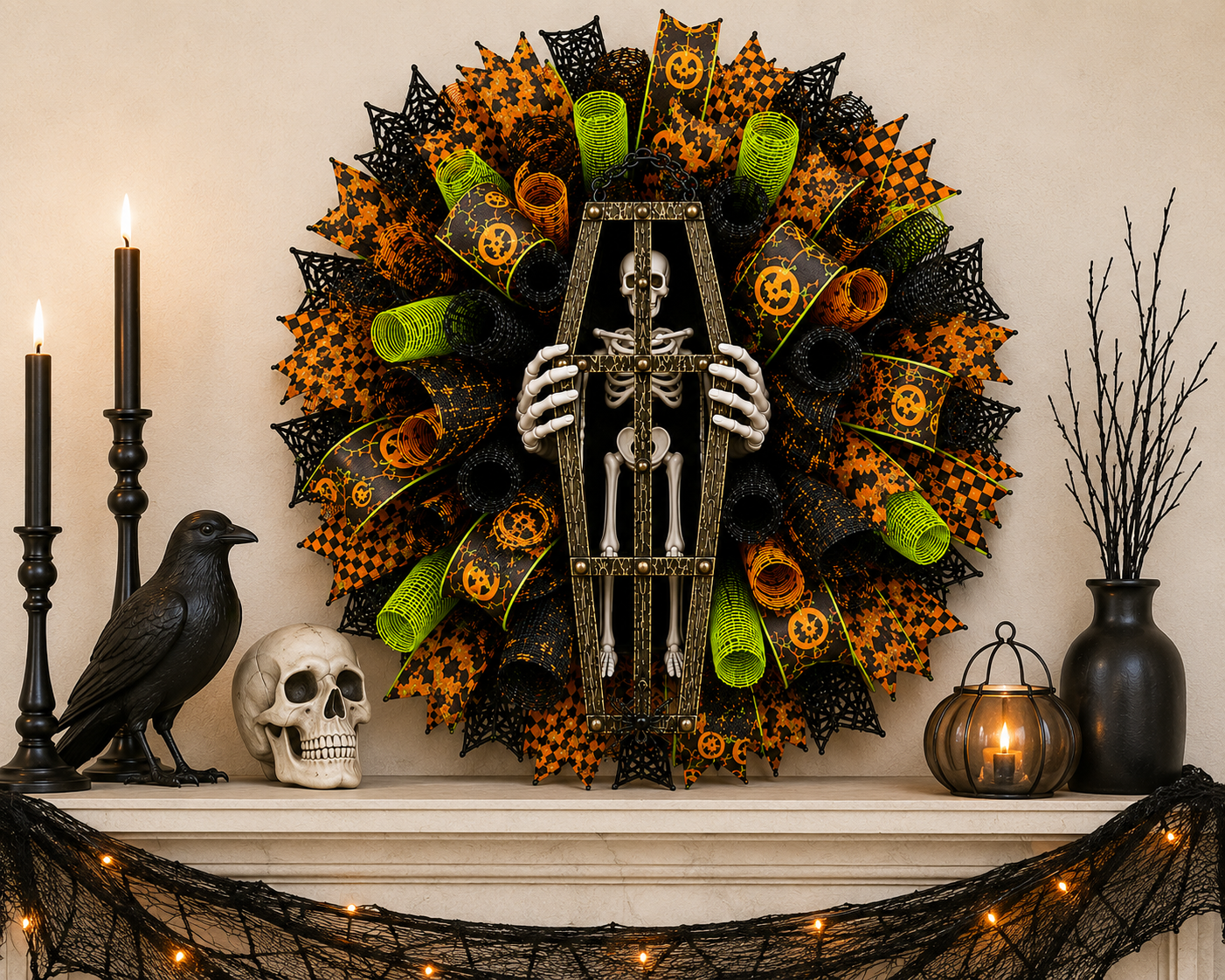 Skeleton coffin Halloween wreath displayed above a decorated mantel with pumpkins, lanterns, and seasonal Halloween decor.