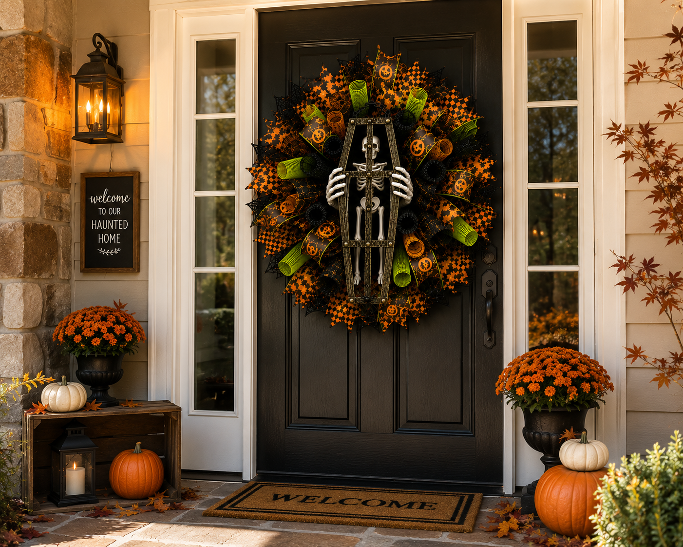 Skeleton coffin Halloween wreath displayed on a black front door with premium Halloween ribbon and deco mesh.