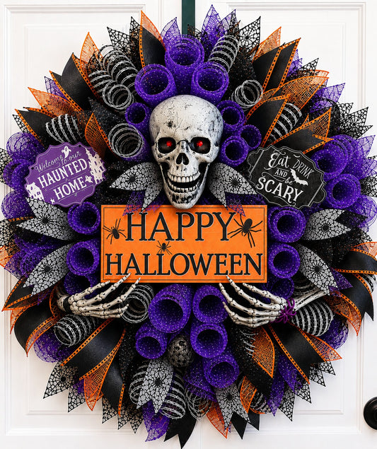 Handmade Halloween skull wreath with purple deco mesh, skeleton hands, black and orange ribbon, and Happy Halloween sign on a front door.