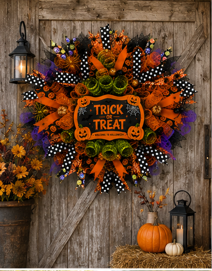 Handmade Halloween Trick or Treat wreath with premium deco mesh, designer ribbons, pumpkins, spiders, and vibrant orange, black, green, and purple accents.