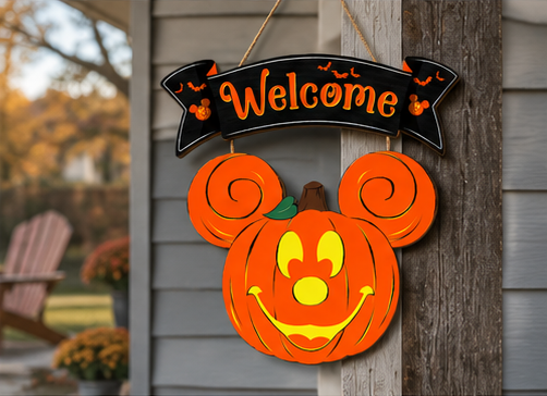 Halloween pumpkin welcome door hanger decorating a beautiful fall front porch entrance.