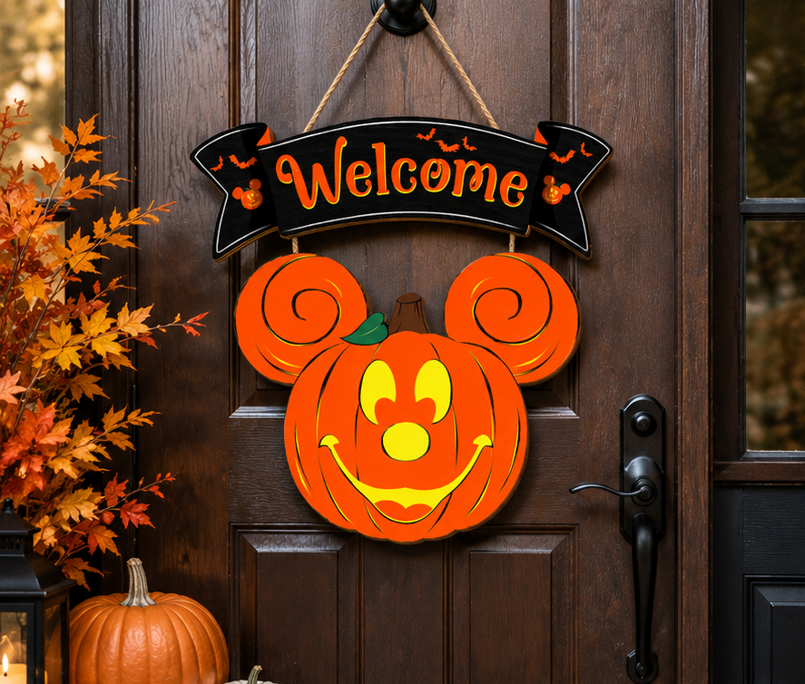 Wooden Halloween welcome sign hanging on a front door with festive fall porch decorations and pumpkins.