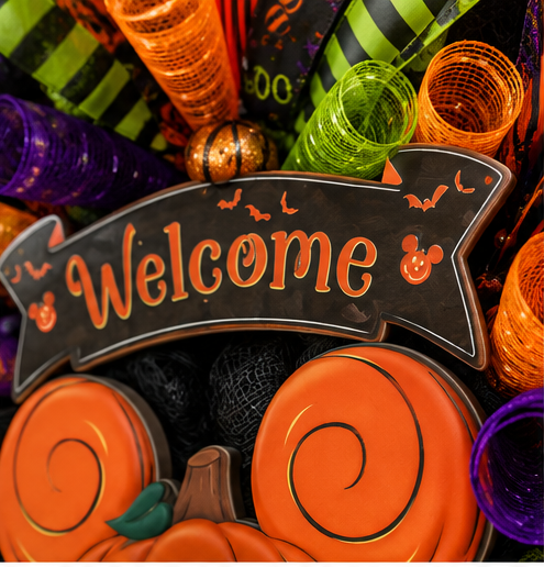 Close-up of a handmade Halloween wreath with premium orange, black, purple, and lime green ribbons, decorative mesh curls, and a festive Welcome sign.
