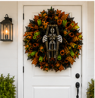 Handmade skeleton coffin Halloween wreath displayed on a standard front door in a realistic autumn entryway.
