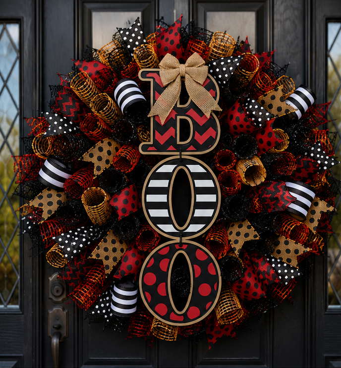 Handmade Halloween wreath displayed on a modern front door, adding festive seasonal décor to an entryway.