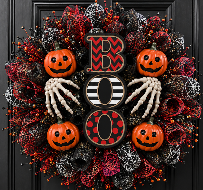 Handmade Halloween BOO wreath displayed on a standard 36-inch front door to show realistic size and scale.