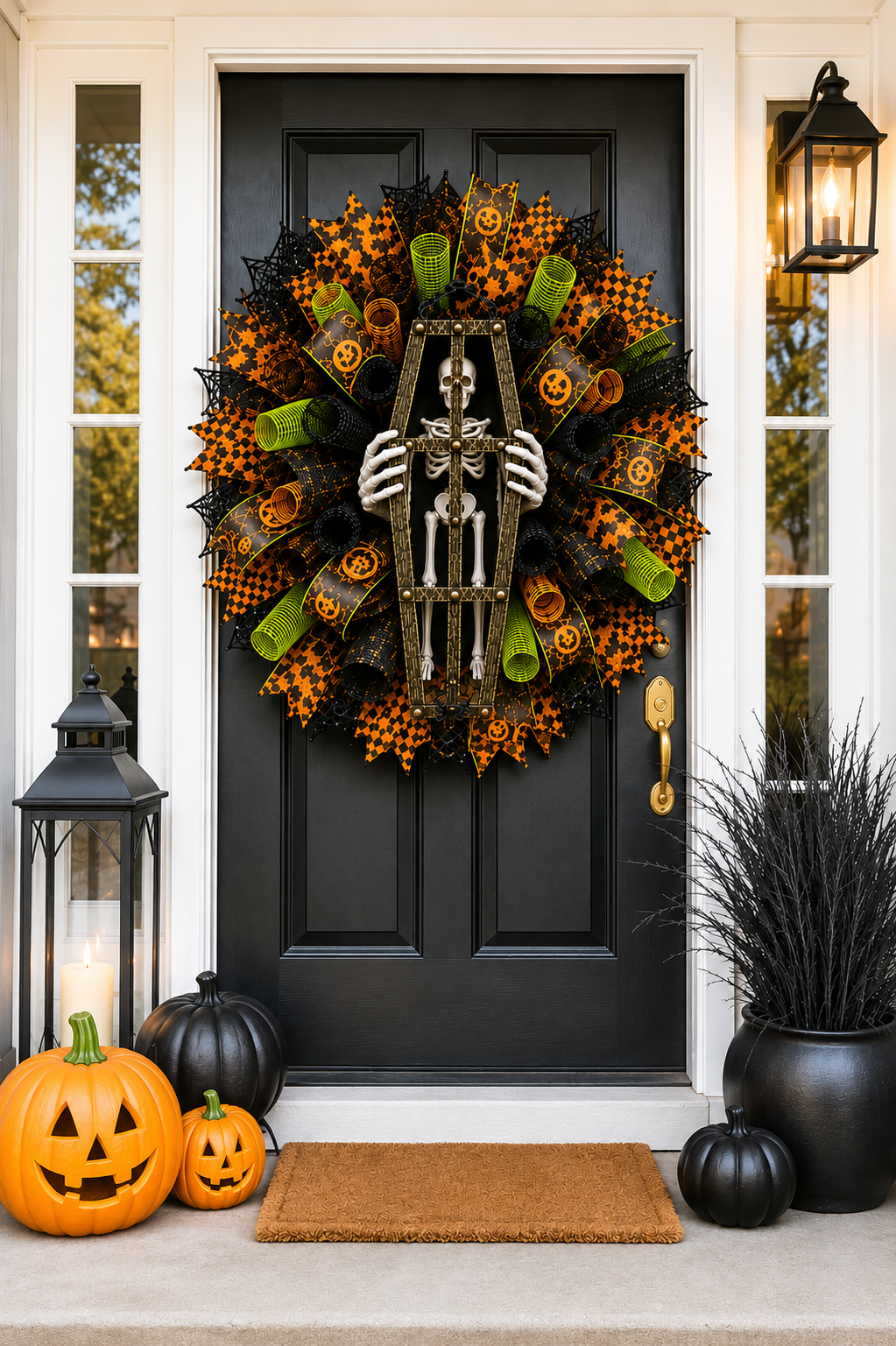 A Halloween wreath hanging on a black front door, decorated with a skeleton figure, orange and black checkered accents, green mesh, and small jack-o'-lanterns. Pumpkins, lanterns, and a doormat are arranged on the porch steps below.