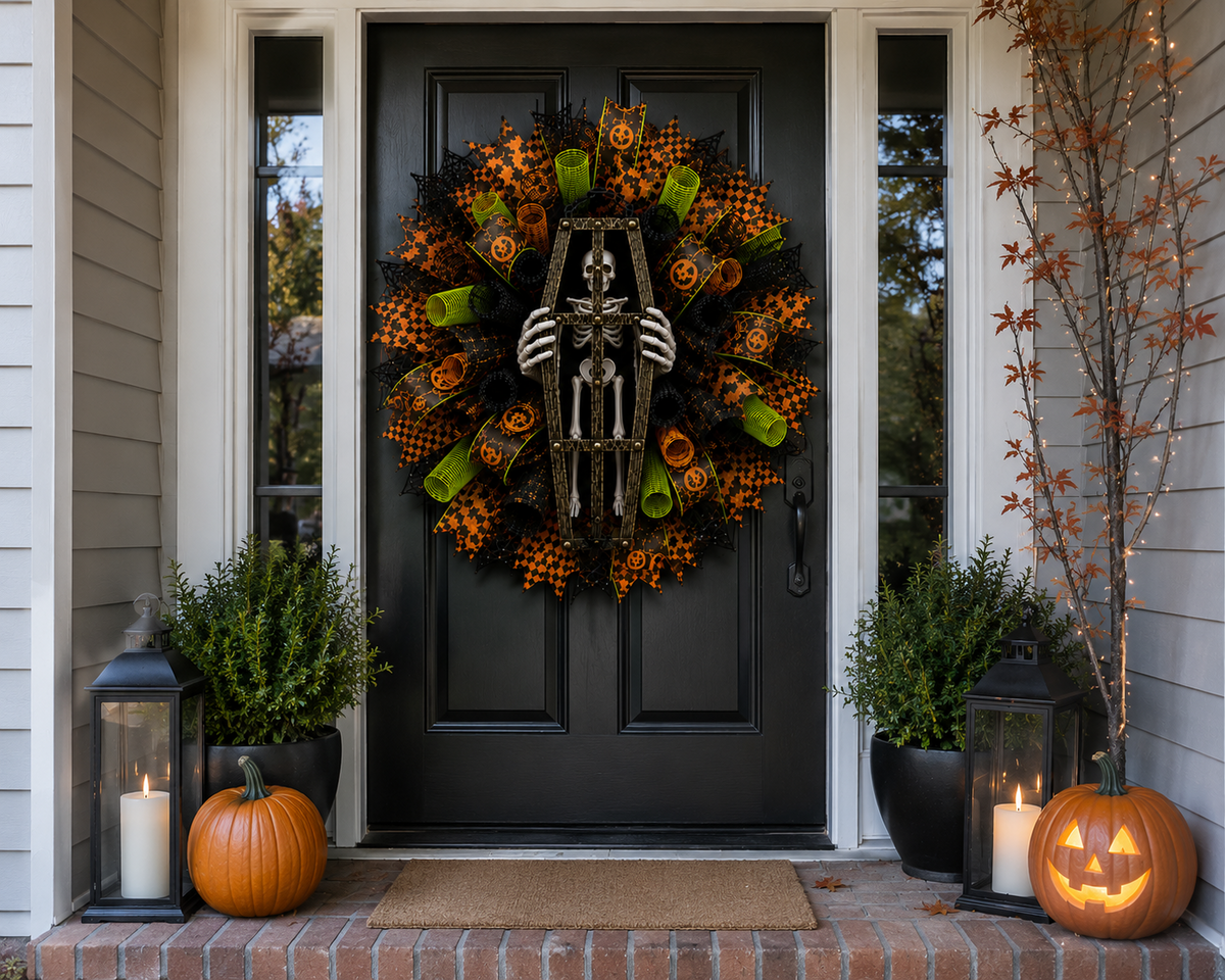 Halloween skeleton coffin wreath displayed on a covered front porch with pumpkins, lanterns, and fall decorations.