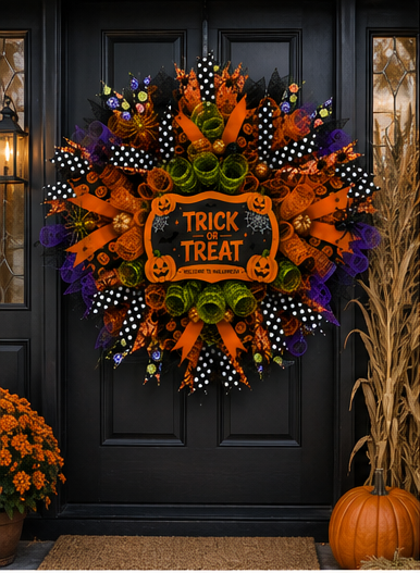 Large handcrafted Halloween wreath displayed on a front door with vibrant orange, black, lime green, and purple Halloween decorations.