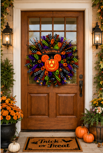 Festive handmade Halloween front door wreath with orange, black, purple, lime green, and white ribbon accents creating a full designer look.