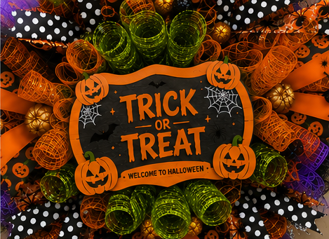 Close-up of the Trick or Treat sign surrounded by premium Halloween ribbons, deco mesh curls, pumpkins, and glitter spiders.