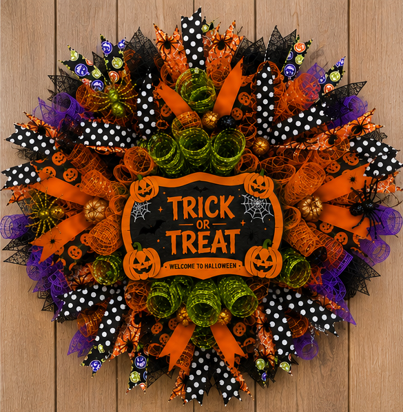 Premium Halloween wreath decorating a front door for fall with vibrant designer mesh and festive Halloween colors.