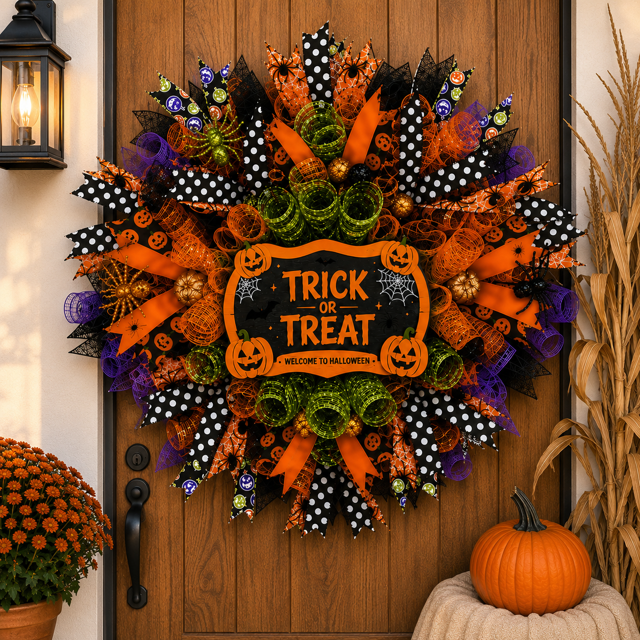 Handmade Halloween Trick or Treat deco mesh wreath with premium ribbons, pumpkins, spiders, and vibrant orange, black, green, and purple accents on a front door.