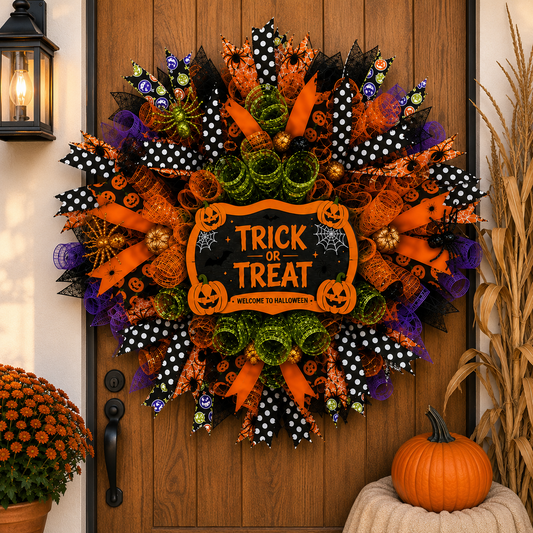 Handmade Halloween Trick or Treat deco mesh wreath with premium ribbons, pumpkins, spiders, and vibrant orange, black, green, and purple accents on a front door.