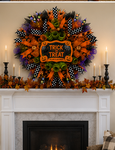 Large handmade Halloween Trick or Treat wreath displayed above a decorated mantel with lanterns and autumn foliage.