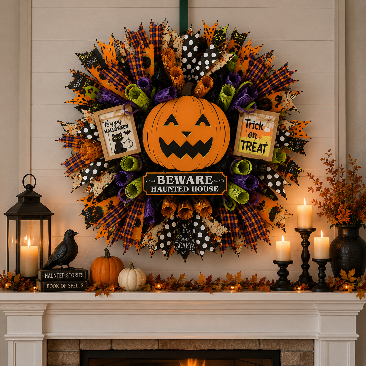 Large handmade Halloween wreath with jack-o'-lantern centerpiece, premium deco mesh, colorful ribbon tails, whimsical Halloween signs, and festive front door decorations for fall.