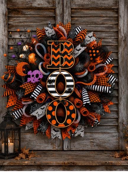 Handmade Halloween BOO deco mesh wreath with black and orange ribbons for front door Halloween decor.