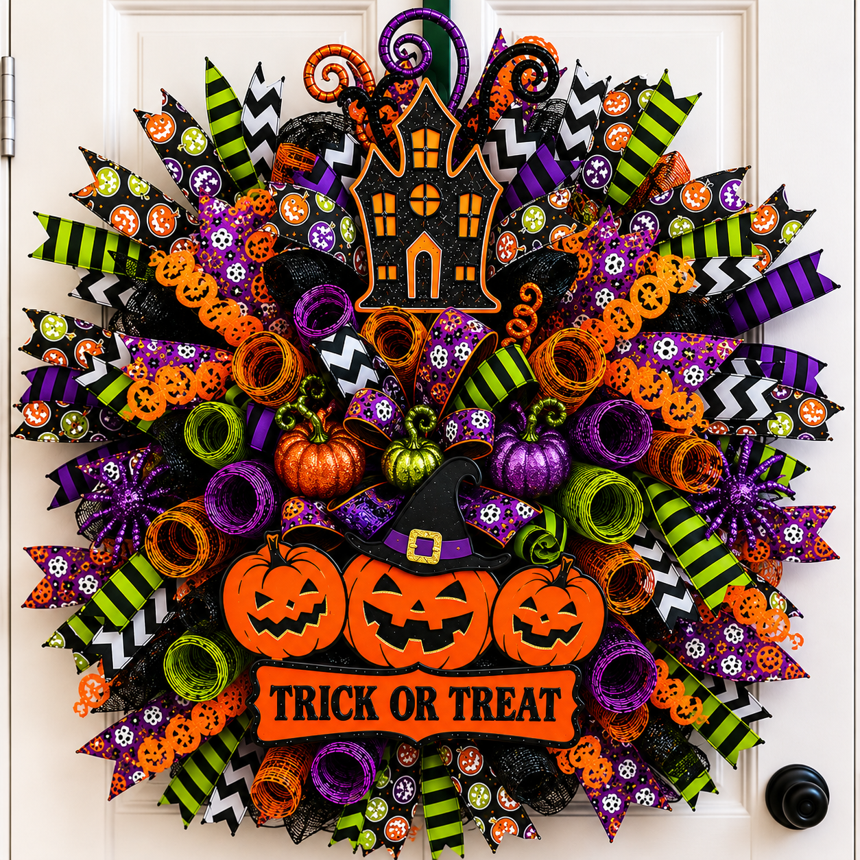 Halloween wreath for front door with pumpkins and haunted house sign