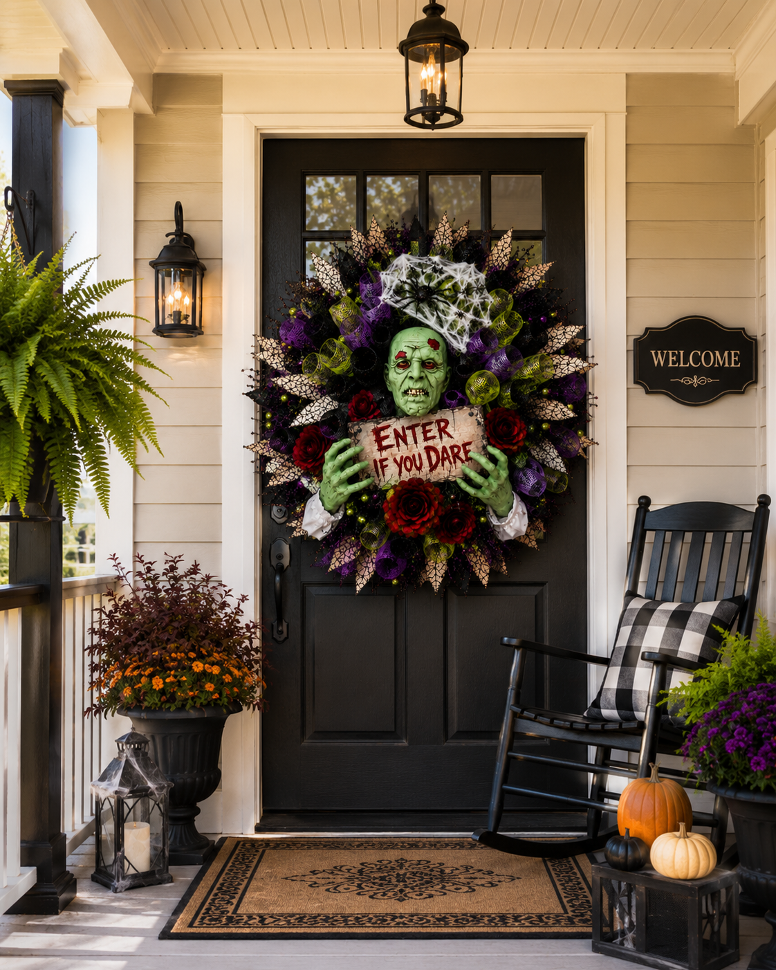 Luxury Halloween wreath displayed on a covered front porch.