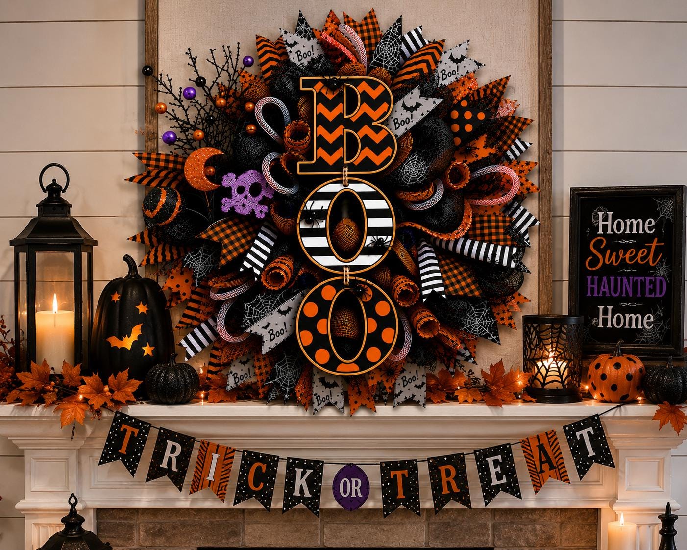 Black and orange handmade Halloween wreath with decorative BOO sign for front door, porch, entryway, and seasonal fall home decor.