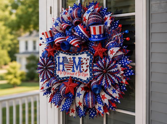Angled view of a handmade Americana deco mesh wreath with premium patriotic ribbon.

