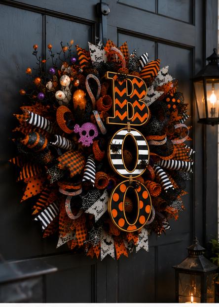Spooky Halloween BOO wreath for front door featuring deco mesh, buffalo plaid ribbons, striped ribbon, and Halloween spider accents.