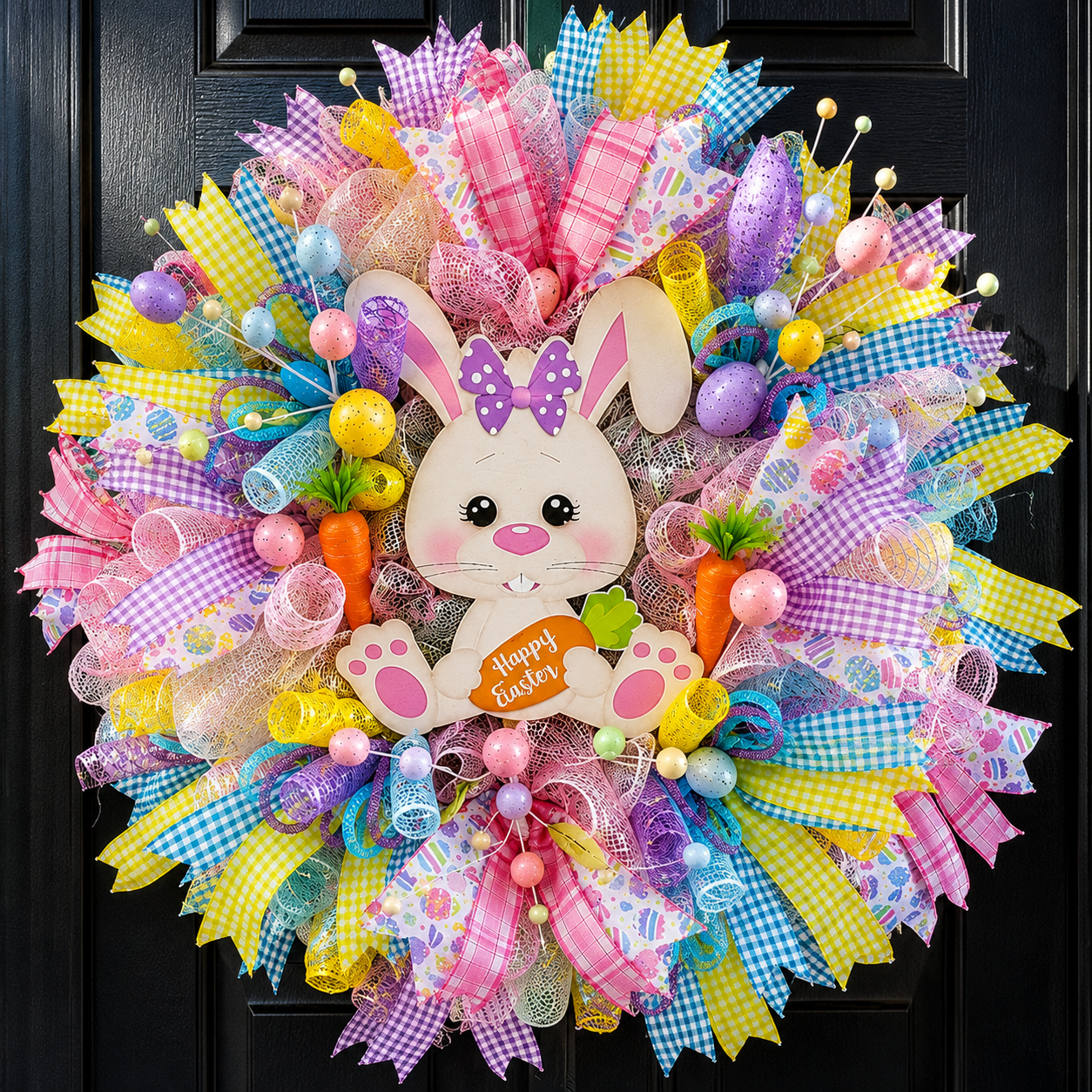 Colorful handmade Easter Bunny deco mesh wreath with pastel designer ribbons, Easter eggs, carrots, and bunny centerpiece displayed on a black front door.