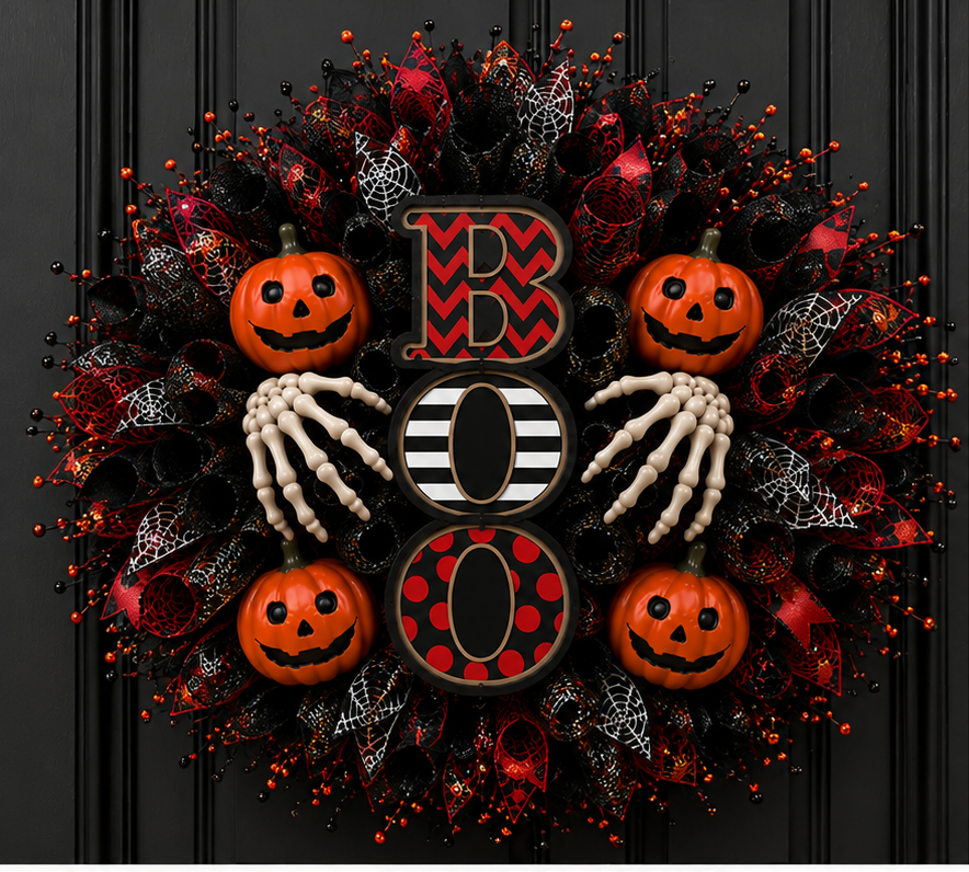 Handmade Halloween BOO wreath with black and red deco mesh, skeleton hands, smiling pumpkins, and custom BOO sign displayed on a black front door.