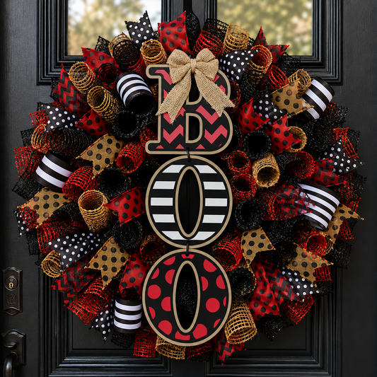 Handmade Halloween BOO wreath with premium black, red, orange, and burlap deco mesh, designer wired ribbons, and a stacked BOO sign displayed on a front door for festive fall and Halloween décor.